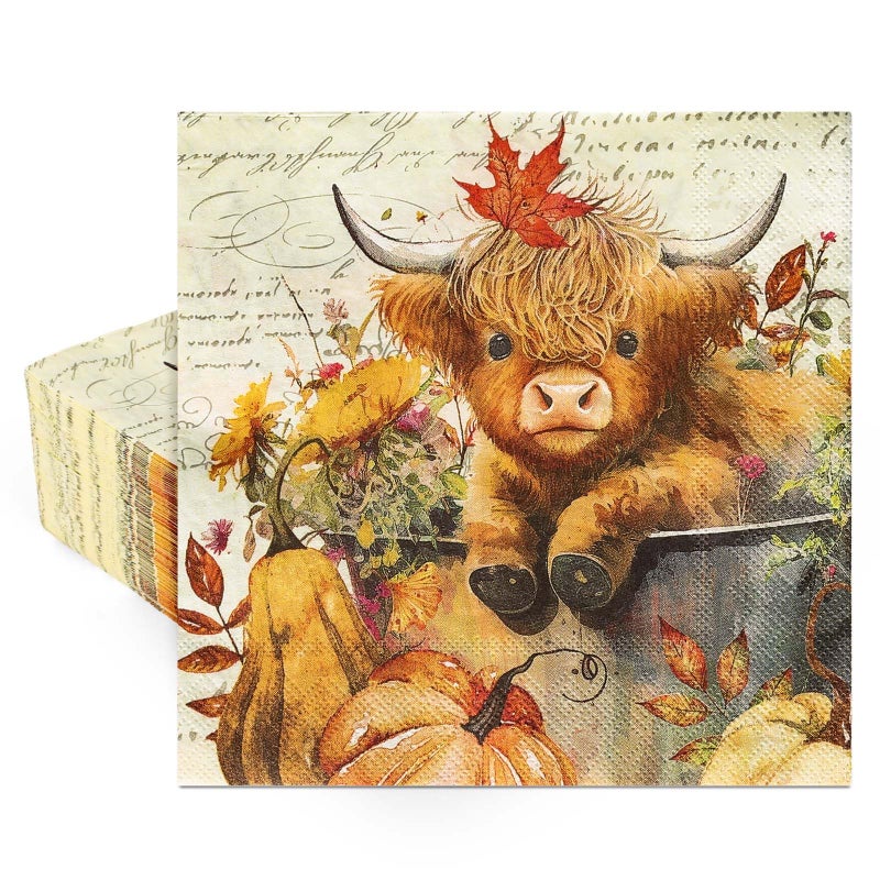 JarThenaAMCS 80 قطعة من المناديل الورقية الخريفية مناديل بقرة المرتفعات اليقطين للاستعمال مرة واحدة، مناديل مائدة الغداء المزخرفة لعيد الشكر لمستلزمات حفلات الزفاف في الخريف - Image 1